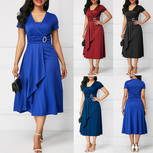 Party Women Plus Size Solid Color Short Sleeve V Neck Asymmetric Midi Dress