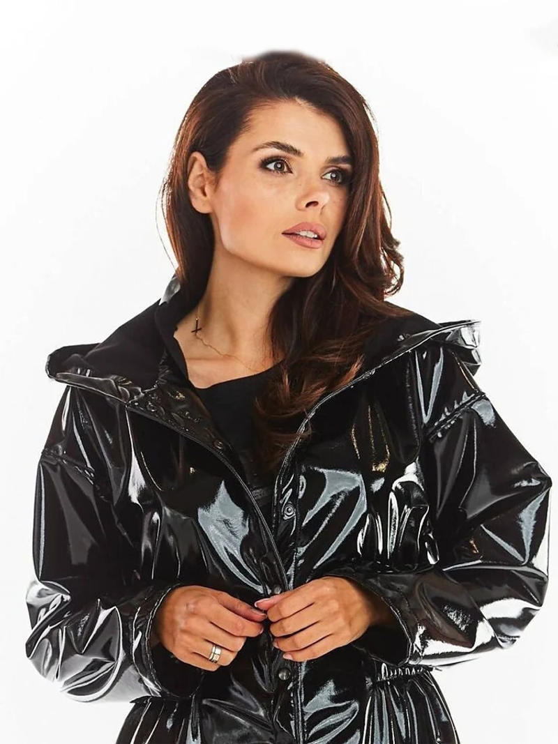 Description Picture 4 of itemShiny Patent Leather Parka for Women Hood Overcoat with Pocket Faux Latex Long Sleeve Jacket Button PVC Raincoat New Custom