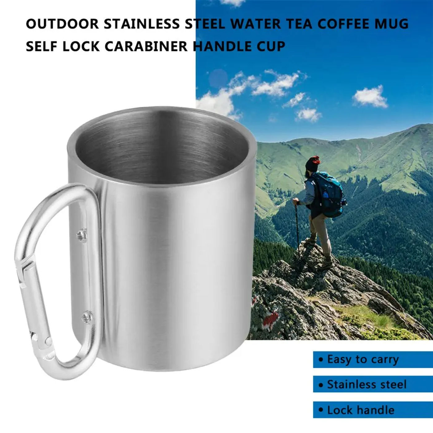 Description Picture 4 of itemPortable Outdoor 180ML Stainless Steel Water Tea Coffee Mug Self Lock Carabiner Handle Cup For Camping Hiking Climbing