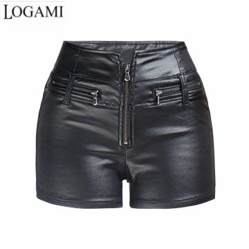 LOGAMI High Waist Pu Leather Shorts Women Zipper Moto & Biker Shorts Skinny Black Summer Autumn