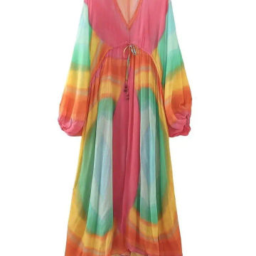 Women Long Dresses Fashion Tie-Dye Print Colorful Batwing Sleeve V-Neck Lace Up Elastic High Waist Vestidos Summer Party Robes