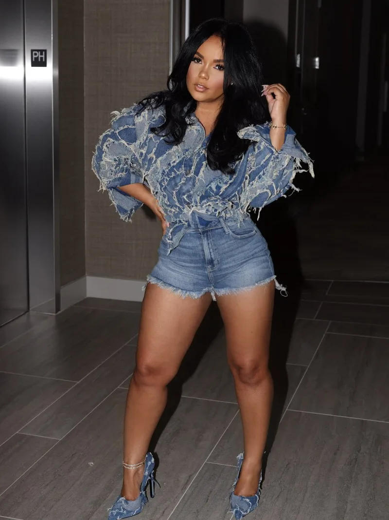 Description Picture 5 of itemPatchwork Tassel Loose Long Denim Jacket Women Turn Down Collar Long Sleeve Single Breasted Fashion Casual Jeans Coat Outwear