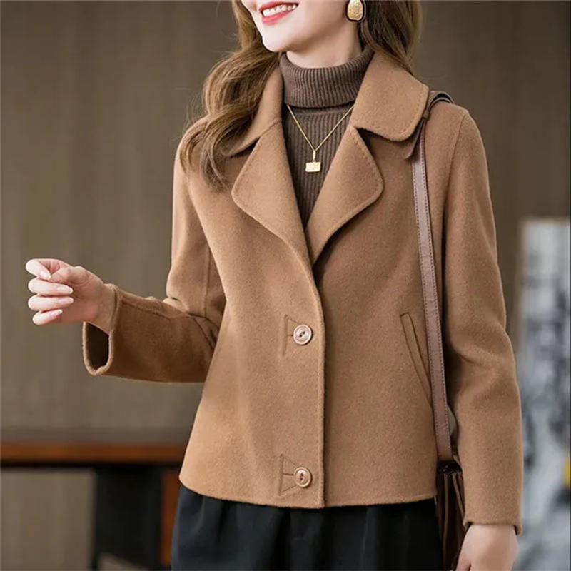 Description Picture 4 of itemFashion Woolen Coat Women Spring Autumn 2023 Short Lapel Collar Coats Loose Woolen Jackets Casual Outwear Female Overcoat