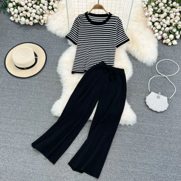 Women Tracksuit Summer Striped Knit Ppullover And Long Pants 2 Piece Sets Korean Casual Loose Outfits Knitted 2023 New Suits