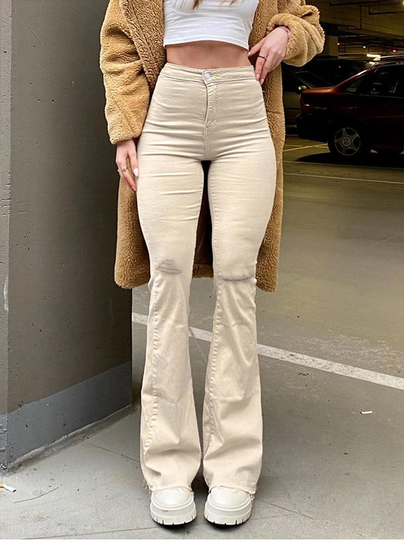 Description Picture 5 of itemWomen Flared Jeans Pants Girl High Waist Hole Trumpet Denim Trousers Slim Y2k Clothing Casual Wide Leg Long Pants Streetwear New