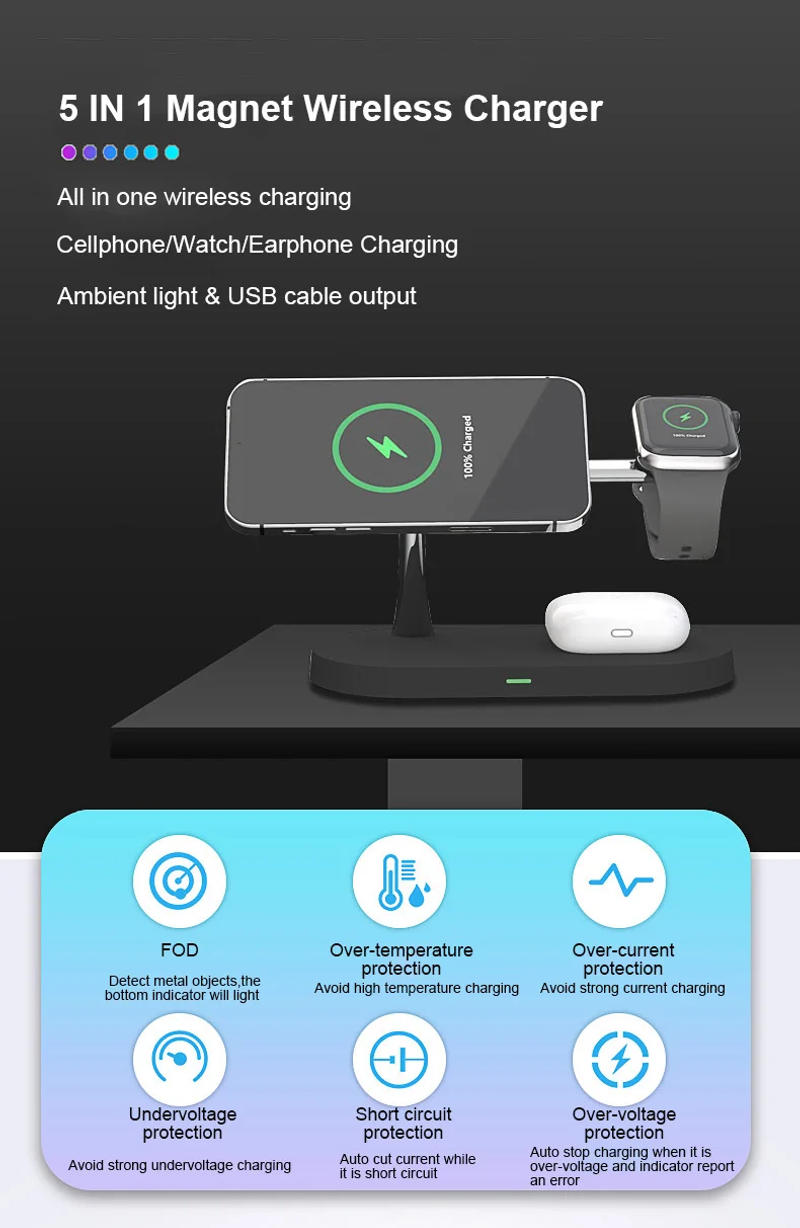 Description Picture 2 of item5in1 Magnetic Wireless Charging Stand with night lamp For iPhone 15 14 13 iWatch earphone Magsafe Wireless Stand Charger 15W