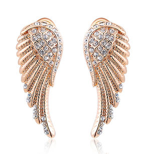 Women's 9K Gold Plated Angel Wings Crystal Ear Studs Luxury Earrings Jewelry