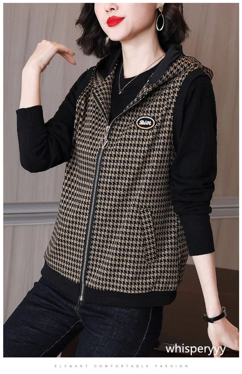 Description Picture 6 of itemHooded Vest Plaid Spring Autumn Sleeveless Jacket for Women 2023 Fashion Female Clothing Waistcoat New Outerwear Loose Casual