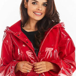 Shiny Patent Leather Parka for Women Hood Overcoat with Pocket Faux Latex Long Sleeve Jacket Button PVC Raincoat New Custom