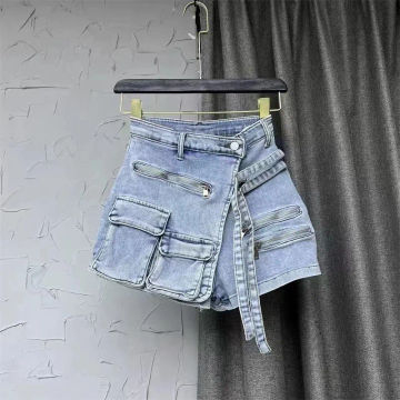 Soefdioo Solid Cargo Pocket Denim Jeans Shorts Women Sexy High Waisted Stretch Summer Casual 2023 Female Bottoms Short Pants