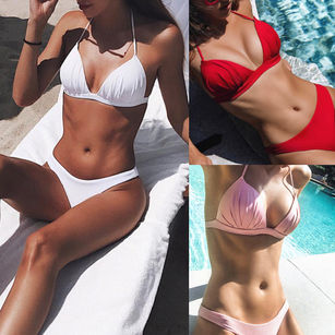 Summer Women Two-piece Bikini Set Solid Color Halter Bandage Pleated Swimsuit