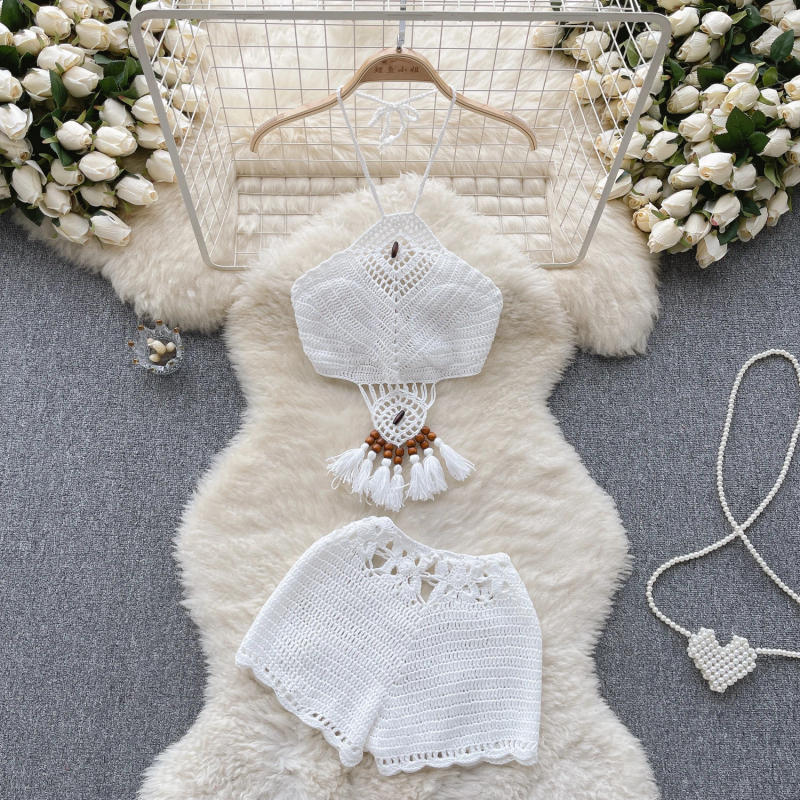 Description Picture 6 of itemSINGREINY Bohemian Knit Two Pieces Suits Women Lace Up Halter Tassel Backless Tops+Hook Flower Hollow Out Shorts Sexy Beach Sets