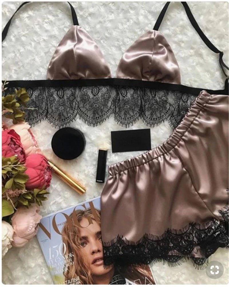 Description Picture 6 of item2023 New Pajamas For Women Sexy Satin Pajamas Set Comfortable Home Clothes Sleeveless Cute Bra  And Shorts V Neck Sleepwear