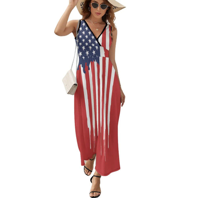Description Picture 2 of itemAmerican Flag Vintage Dress Night Club Maxi Dress V Neck Printed Bohemia Long Dresses Street Fashion Oversized Vestido