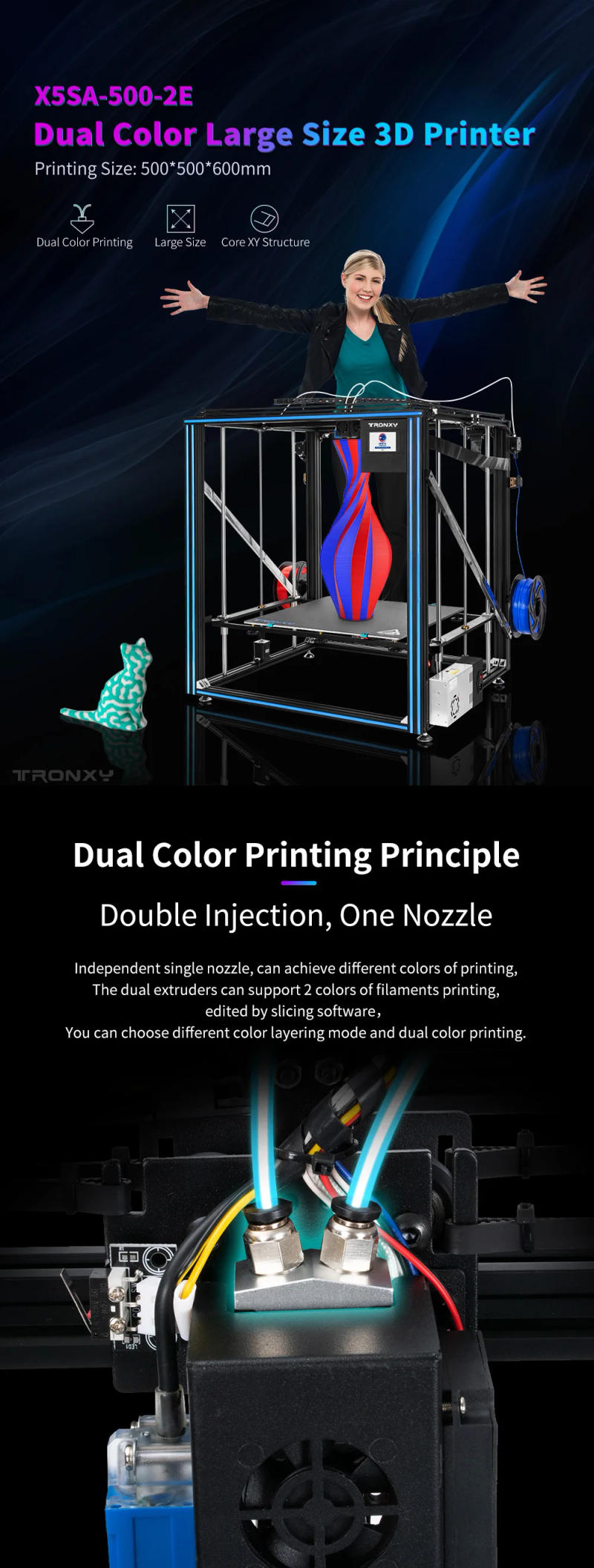 Description Picture 2 of itemTronxy X5SA-500-2E DIY 3D Printer Cyclops 2 In 1 Out Double Extruder 1.75mm PLA large 3d printers Kit impresor 3d profesional