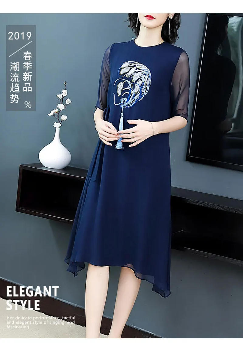Description Picture 4 of item2023 new women's summer fashion dressO-neck half sleeve long Dress Chinese style mesh embroidery loose Dresses