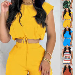 Elegant Women's T-shirt Top+Shorts 2 Piece Sets 2023 Summer Fashion Casual Print Lady Shorts Suit S-XXXL