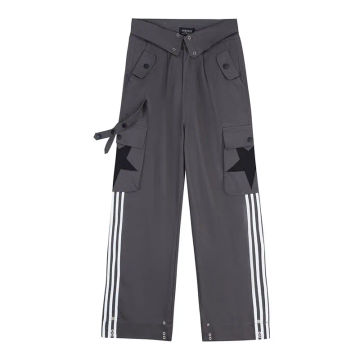 Y2k Women Cargo Pant 2023 Early Autumn Star Striped Big Pocket Street Female Pants Cuffed Loose Harajuku Lady Wide Leg Trousers