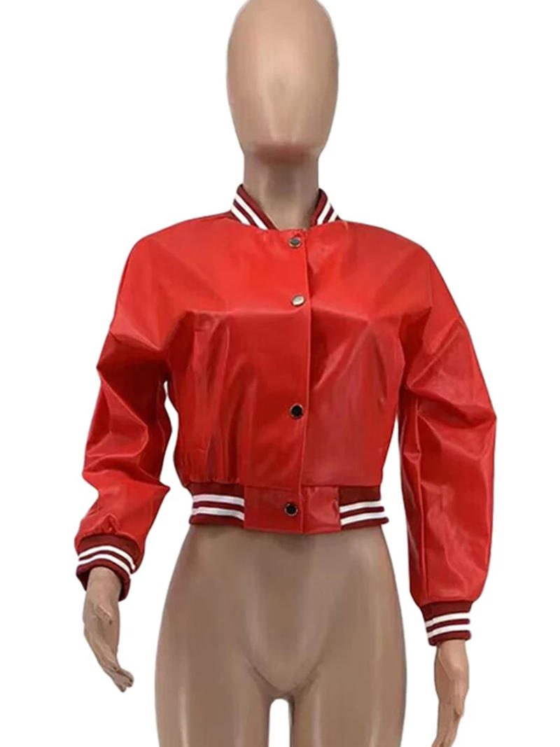 Description Picture 5 of itemLetter B PU Faux Leather Crop Bomber Coat Ladies Stand Collar Full Sleeve Baseball Jackets Streetwear Button Down Slim Fit Coats