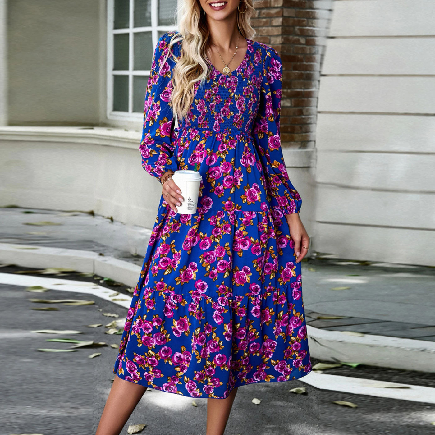 Description Picture 5 of itemWomen Floral Printed Dress Elegant High Elastic Wasit Dress Fashion Pullover Ladies Commuting Dress