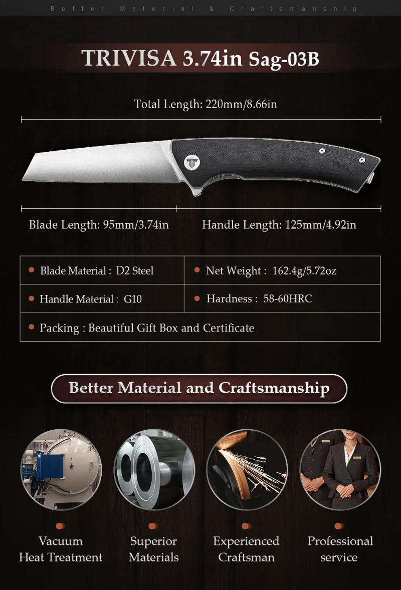 Description Picture 3 of itemTRIVISA Pocket Camping Folding Knife with Flipper,D2 Blade and G10 Handle,Japanese Handmade Quick Opening Outdoor Tourist Knife