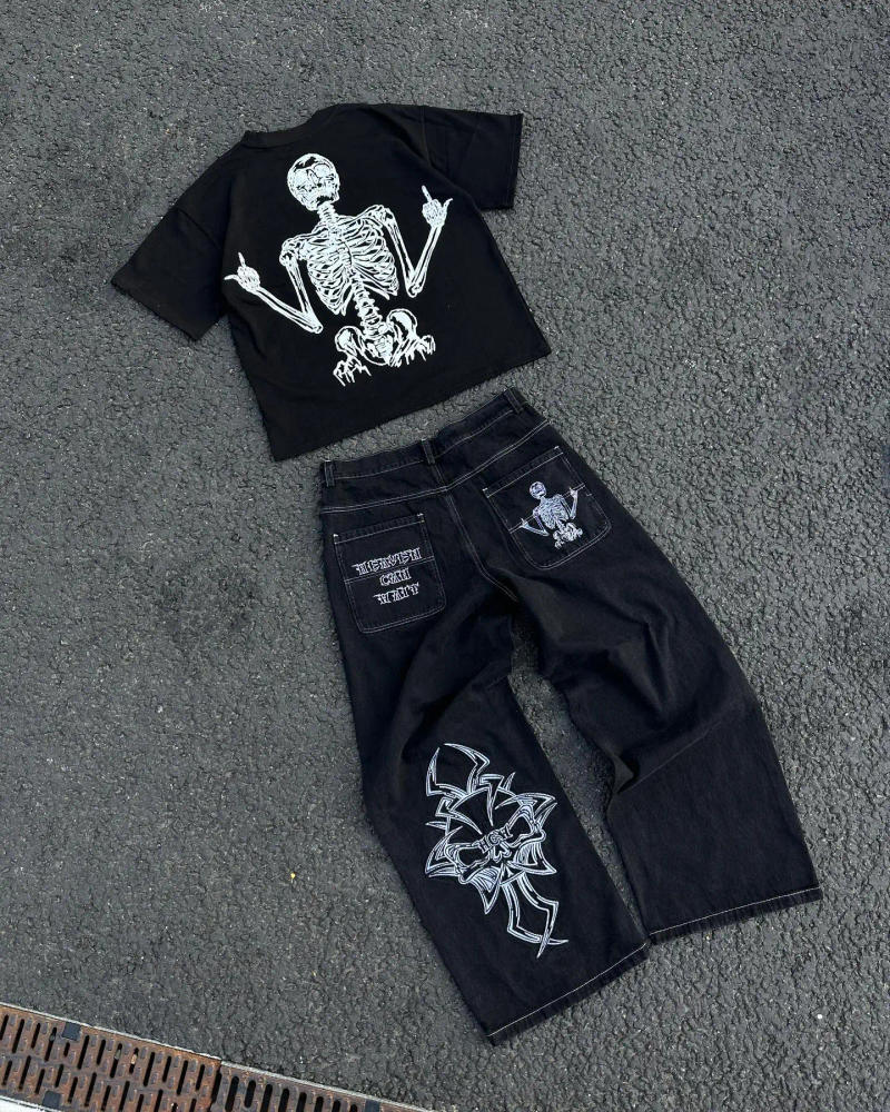 Description Picture 4 of itemJeans Y2k Retro Skull Embroidery Pattern Men Women Loose Jeans New Harajuku Hip Hop Straight Casual Loose Pants for Streetwear