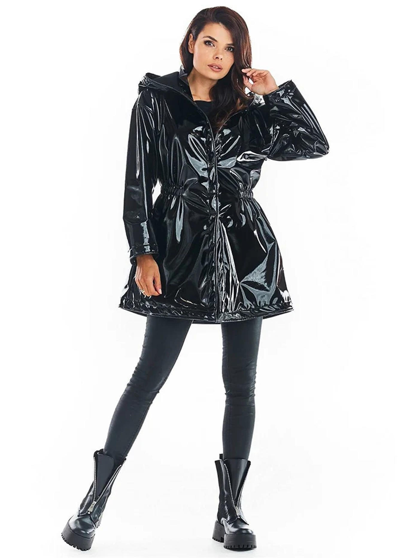 Description Picture 3 of itemShiny Patent Leather Parka for Women Hood Overcoat with Pocket Faux Latex Long Sleeve Jacket Button PVC Raincoat New Custom