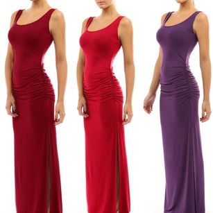 Solid Color Women Scoop Neck Sleeveless Summer Maxi Side Split Ruched Long Dress