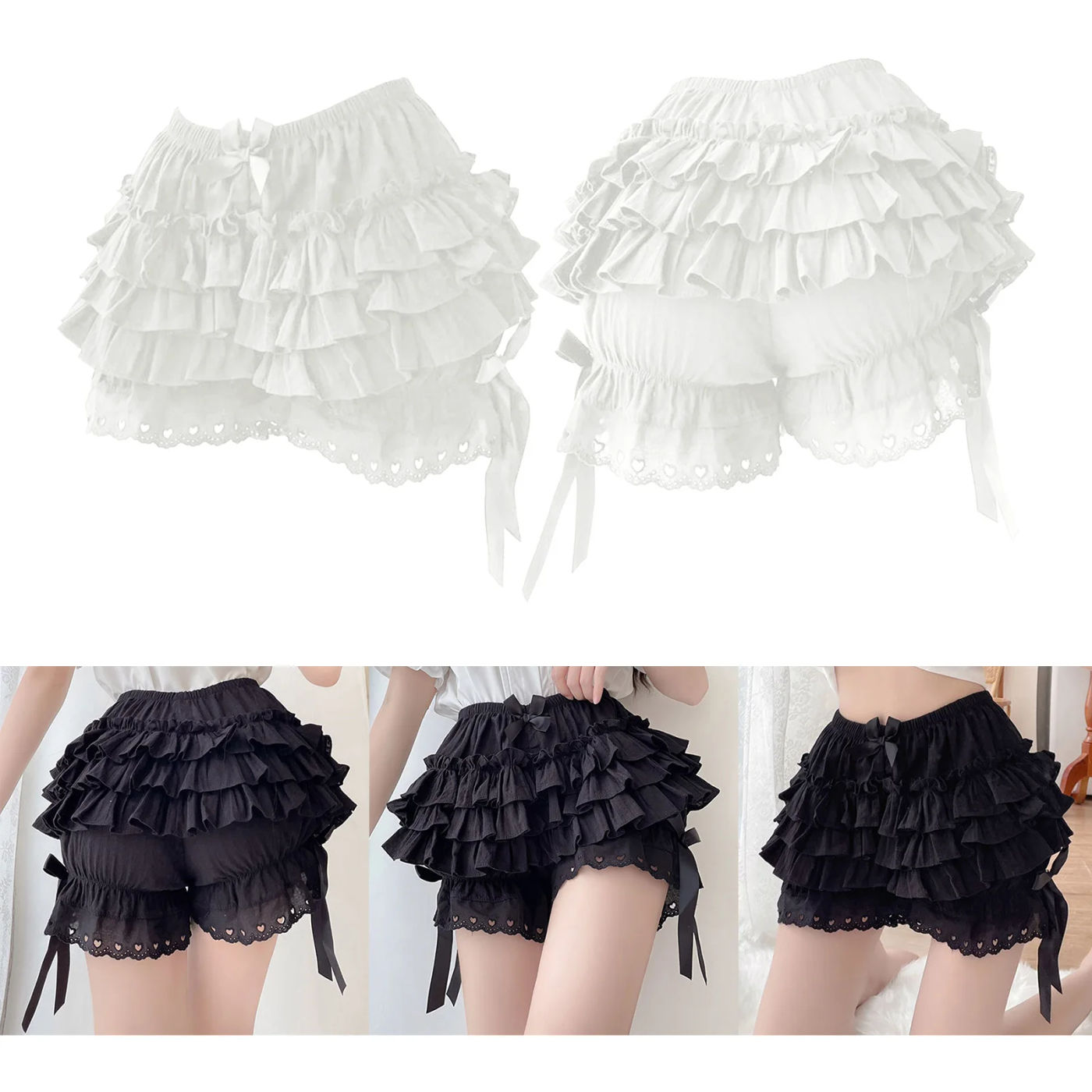 Description Picture 2 of itemWomens Tiered Frilly Bloomers Shorts Bowknot Ruched Culottes Maid Cosplay Ruffled Panties Victorian Anime Cosplay Costumes