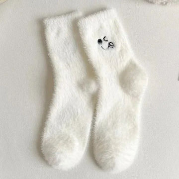 Velvet Mink Plush Socks Women Sweet Girls Winter Thickened Warm Mid-tube Stocking Cute Kawaii Cartoon Eyes Home Sleeping Socks