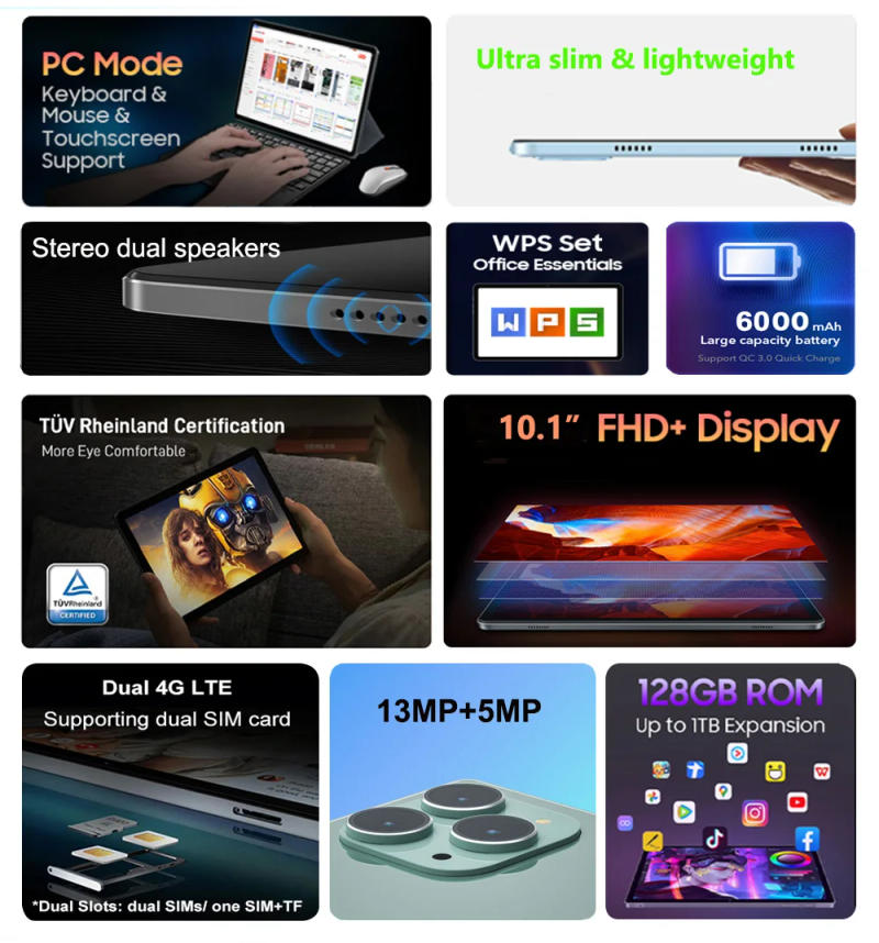 Description Picture 4 of itemNew Tablet Android 11  8G+128GB 10.1 Inch New Tablette 5G Dual SIM Card or WIFI Google Play PC Tablet Kids for Study Work