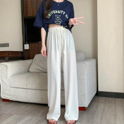 ITOOLIN Srping Autumn Silky Trousers Women Drawstring Elastic Waist Thin Solid Pants For Women Casual Straight Black Pants 2023