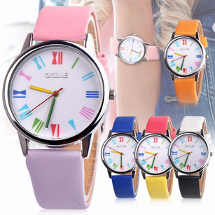 Student Girls Colorful Roman Number Analog Faux Leather Band Quartz Wrist Watch