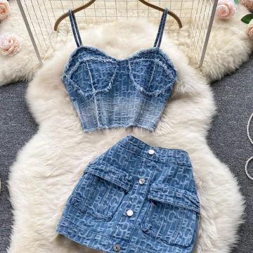 Women Summer Sexy Denim Set Strapless Sling Zipper Design Crop Top + Short Button Mini Shorts Skirt Jeans Two Piece Suits