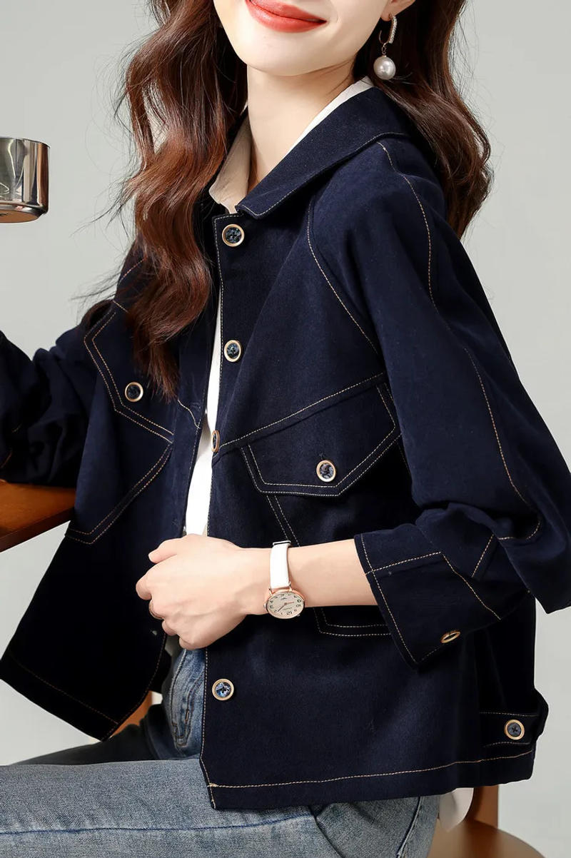 Description Picture 5 of itemDenim Jackets Women 2023 Autumn Spliced Turn Down Collar Korean Women's Clothes Street Fashion Versatile Long Sleeve Tops Coat