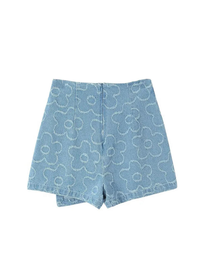 Description Picture 3 of itemWESAY JESI TRAF Summer Culottes Woman 2023 Trendy Solid Color Floral Decorate High Waist Zipper Female Casual Denim Short Skirts