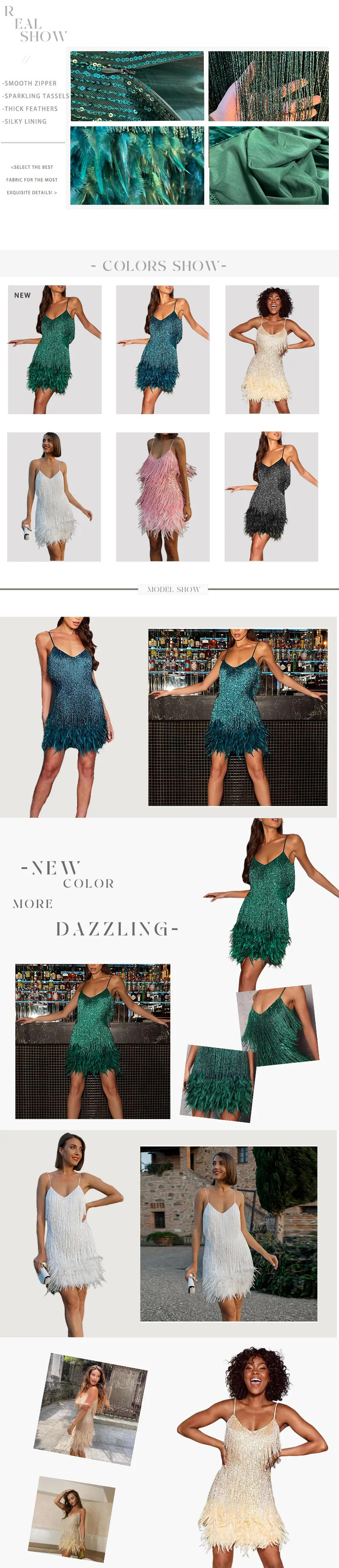 Description Picture 3 of itemVssjavun Sequins Tassel Feather Spaghetti Strap Dress Women Fashion Sexy Stitching Mini Dress Evening Party Club Elegant Dress