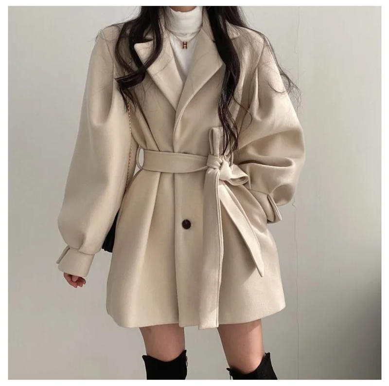 Description Picture 5 of itemMid Length Topcoat Blazer Collar Woolen Coat Women Belted Winter Jacket Niche Vintage Loose Fashion Overcoat Solid Trench Coats