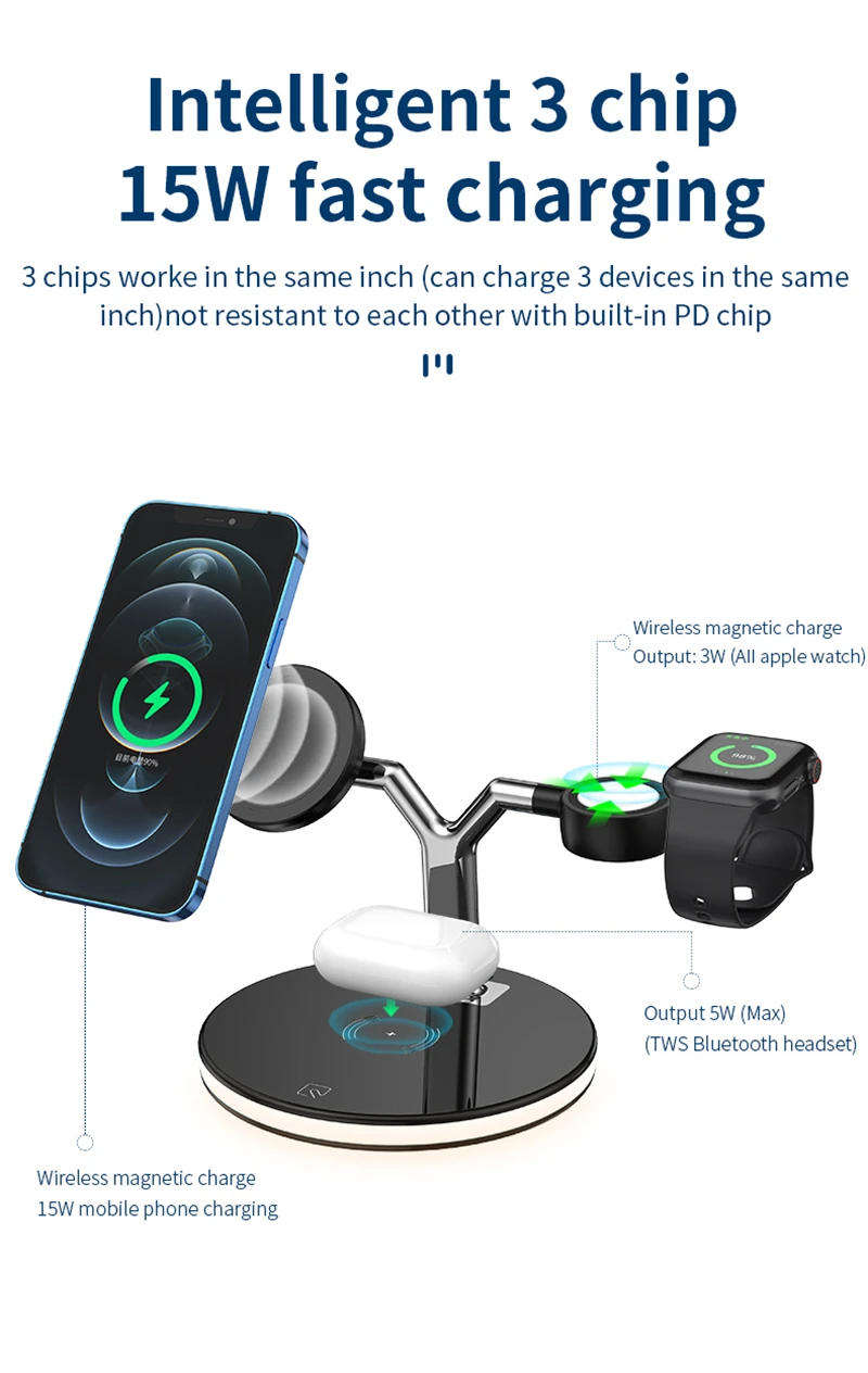 Description Picture 4 of item3 in 1 Magnetic Wireless Charging Station Mag-Safe Fast Wireless Charger Stand for iPhone 14 13 12 Pro Max Watch 8 7 Airpods Pro