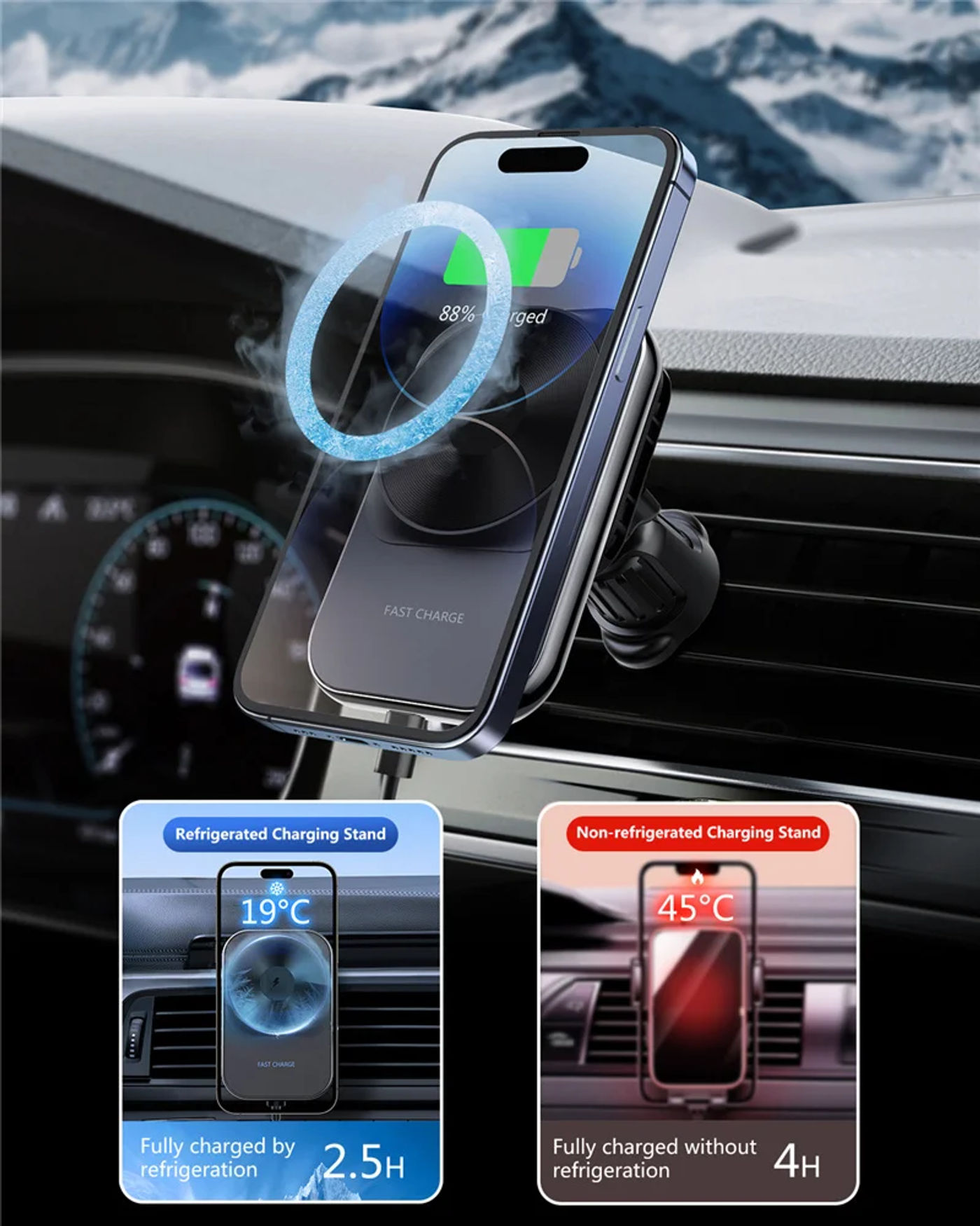 Description Picture 3 of itemIce Cooling Magnetic Wireless Charger Car Phone Holder Stand Car Fast Charging Station For iPhone 12 13 14 Pro Max Mini Macsafe
