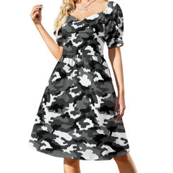 Gray And Black Camo Dress Camouflage Print Elegant Dresses Ladies Short Sleeve Aesthetic Casual Dress V Neck Big Size Clothes
