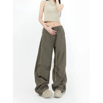 HOUZHOU Green Cargo Parachute Pants Women Y2K   Japanese Streetwear Baggy Sweatpants Harajuku Vintage Loose Wide Leg Trousers