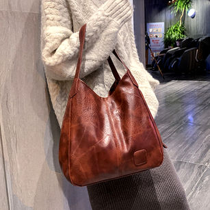Vintage Women Faux Leather Large Capacity Solid Color Shoulder Tote Bag Handbag