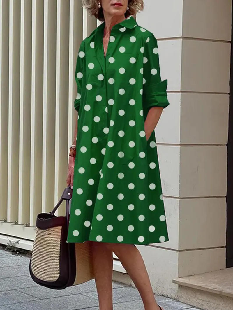 Description Picture 6 of itemElegant Printed Minimalist Loose Fitting Midi Dress 2023 Autumn New Long Sleeved Lapel Contrasting Dresses Street Clothing