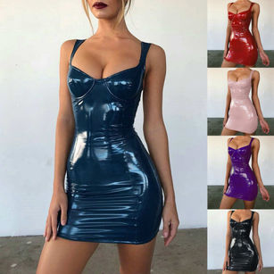 Sexy Club Women Patent Leather Low Cut Sleeveless Backless Bodycon Mini Dress