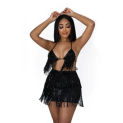 Two Piece Set Women Halter Crop Top Shorts Skirt Sets Matching Outfits Fringe Tassel Sexy Sequin Clothes  Backless Club