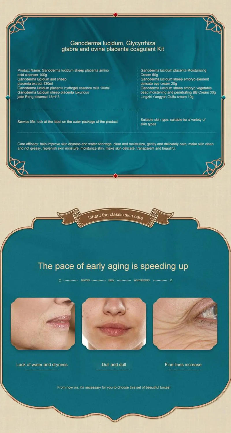 Description Picture 3 of itemLAIKOU Ganoderma Lucidum 10PCS Face Skin Care Product Facial Cleanser Toner Essence Milk Essence Cream Eye Cream BB Cream Set