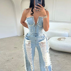 Sibybo Tassel Hollow Out  Overalls For Women Studded Diamond Strapless Backless Jeans Street Fashion Trend Jumpsuite Femme