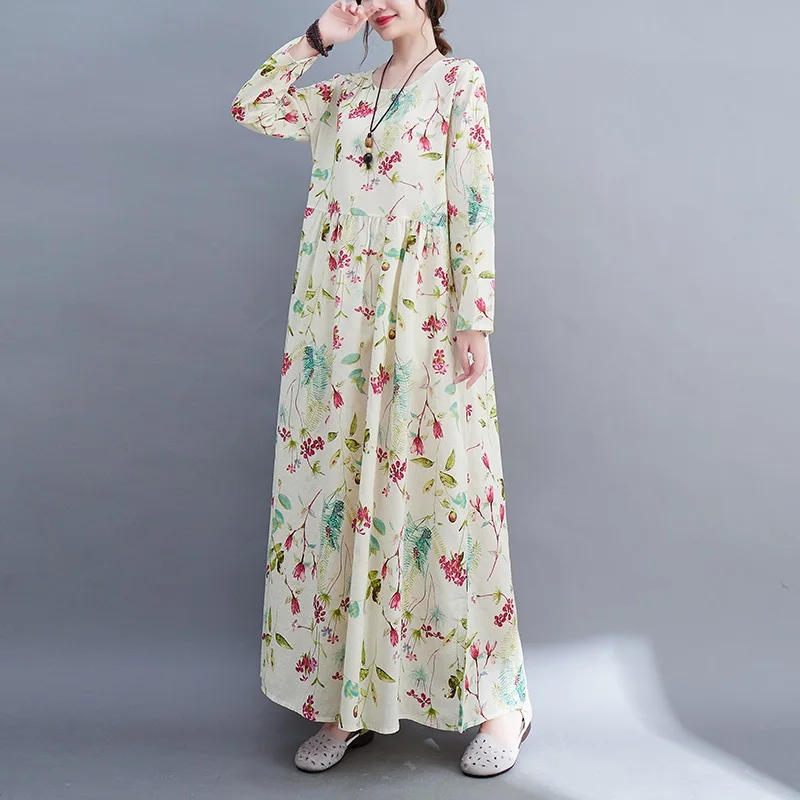 Description Picture 5 of itemlong sleeve oversized cotton vintage floral dresses for women casual loose spring summer autumn dress elegant clothing 2023