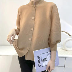 Miyake Short Jacket with Standing Collar for Women Seven-Point Sleeve Loose Casual Cardigan Pleated Clothes Spring Autumn 2023